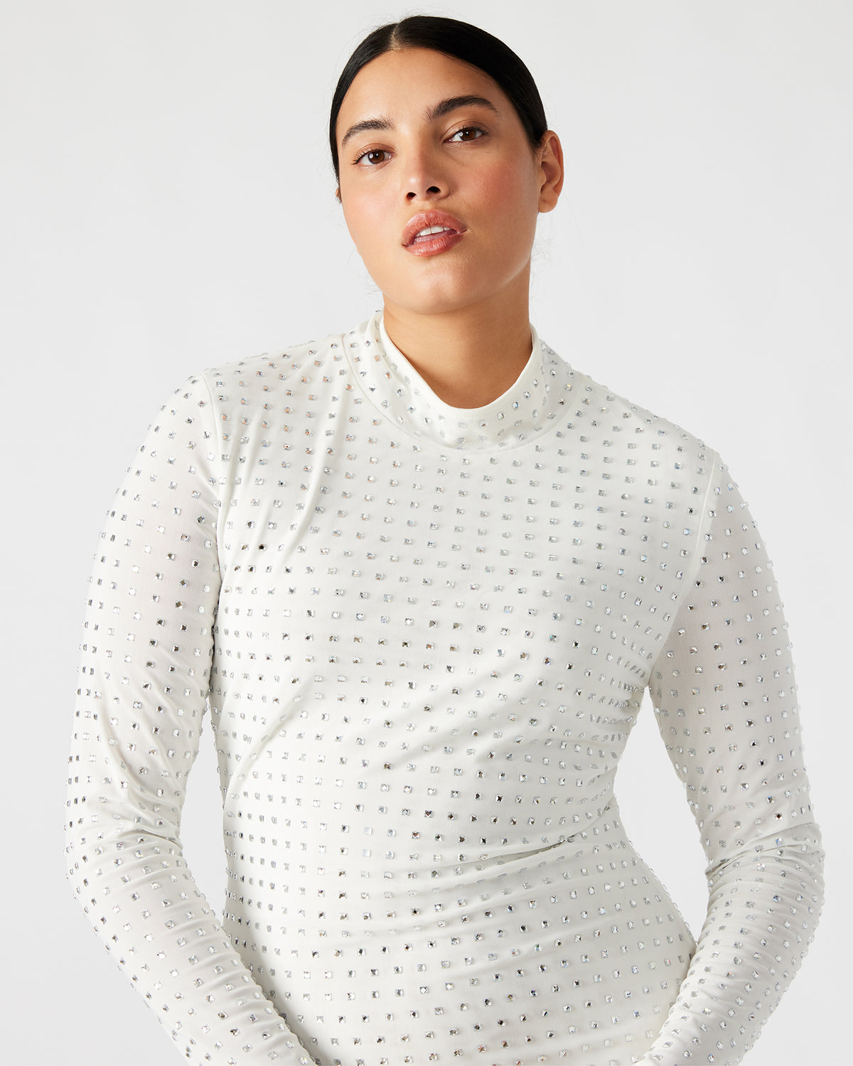 Steve Madden KRISTA Dress White | Women's Long-Sleeved Bodycon Rhinestone Mini Dress