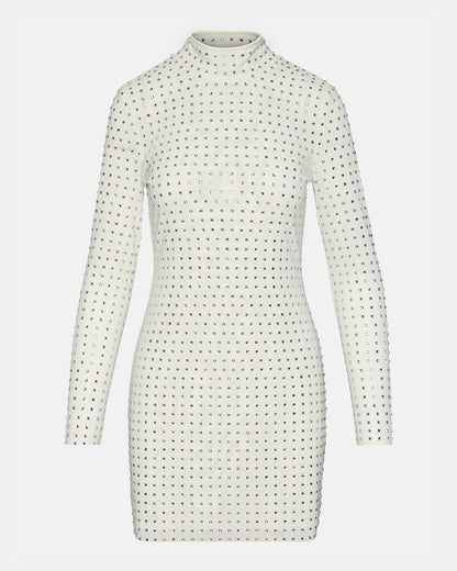 Steve Madden KRISTA Dress White | Women's Long-Sleeved Bodycon Rhinestone Mini Dress