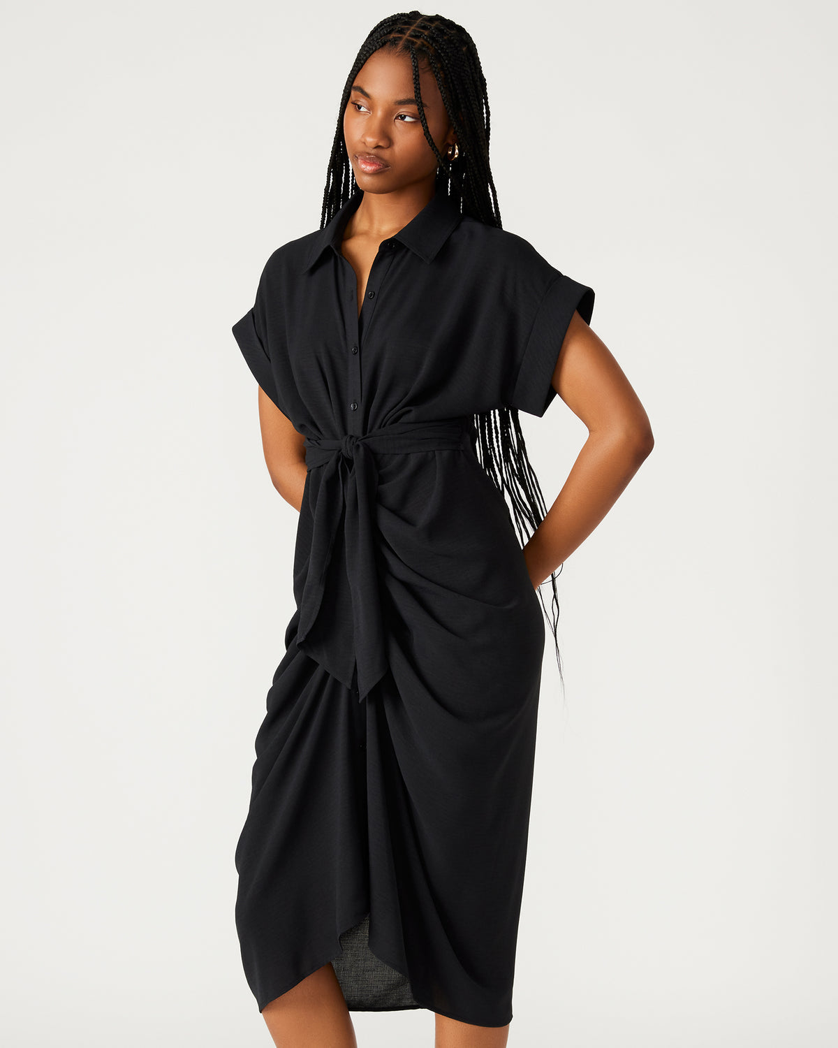 Steve Madden TORI Black Knit Button Up Collared Midi Dress