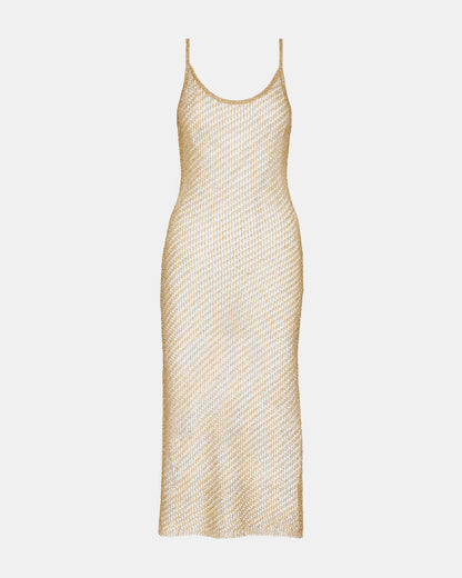 Steve Madden ANISHA Dress Gold | Women's Mesh Metallic Midi Dress