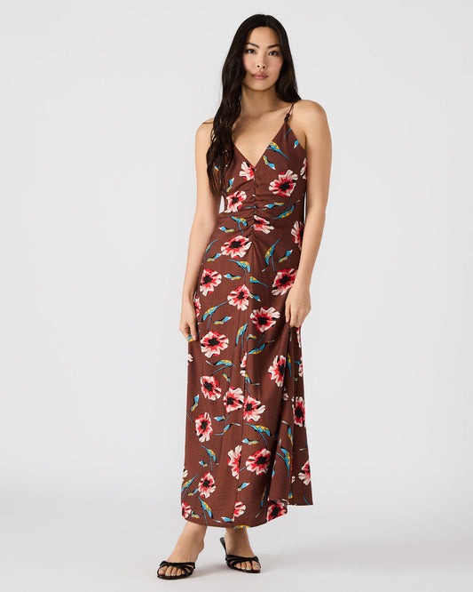 Steve Madden MONROE Brown Floral Print Flowy Maxi Dress
