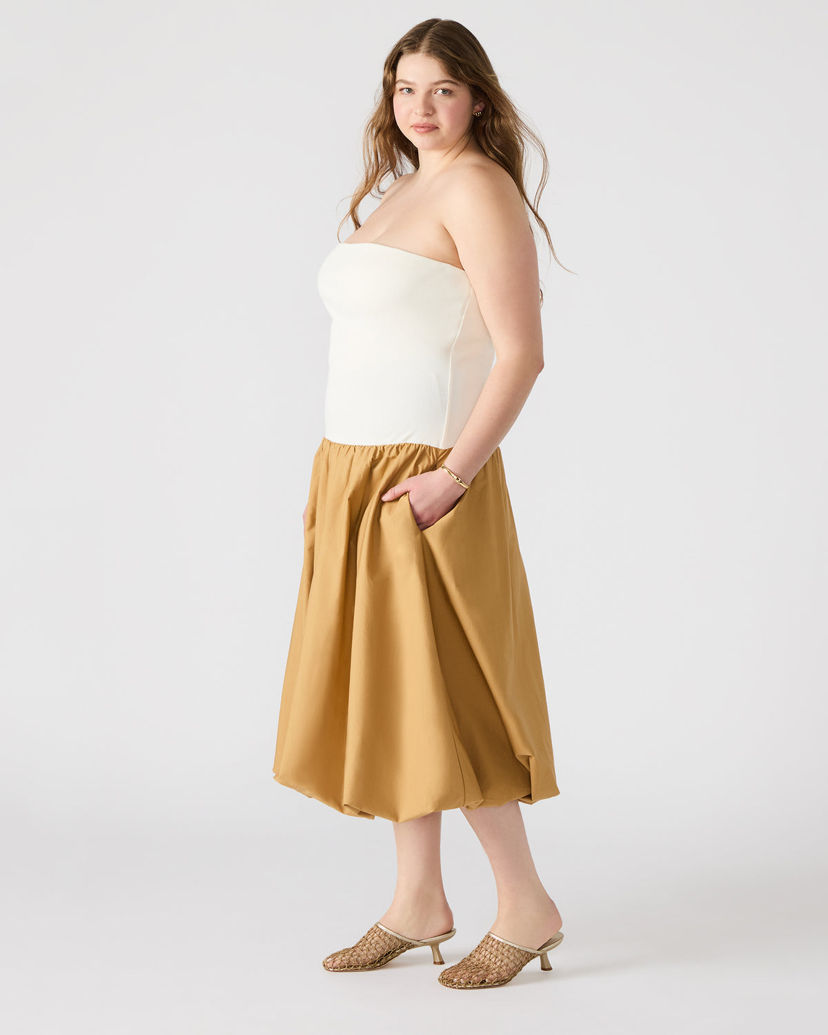 Steve Madden OLIVER Taupe Women's Strapless Midi Bubble Dress