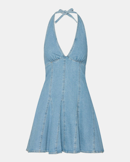 Steve Madden MALIA Denim Women's Halter Back Neck Tie Mini Dress