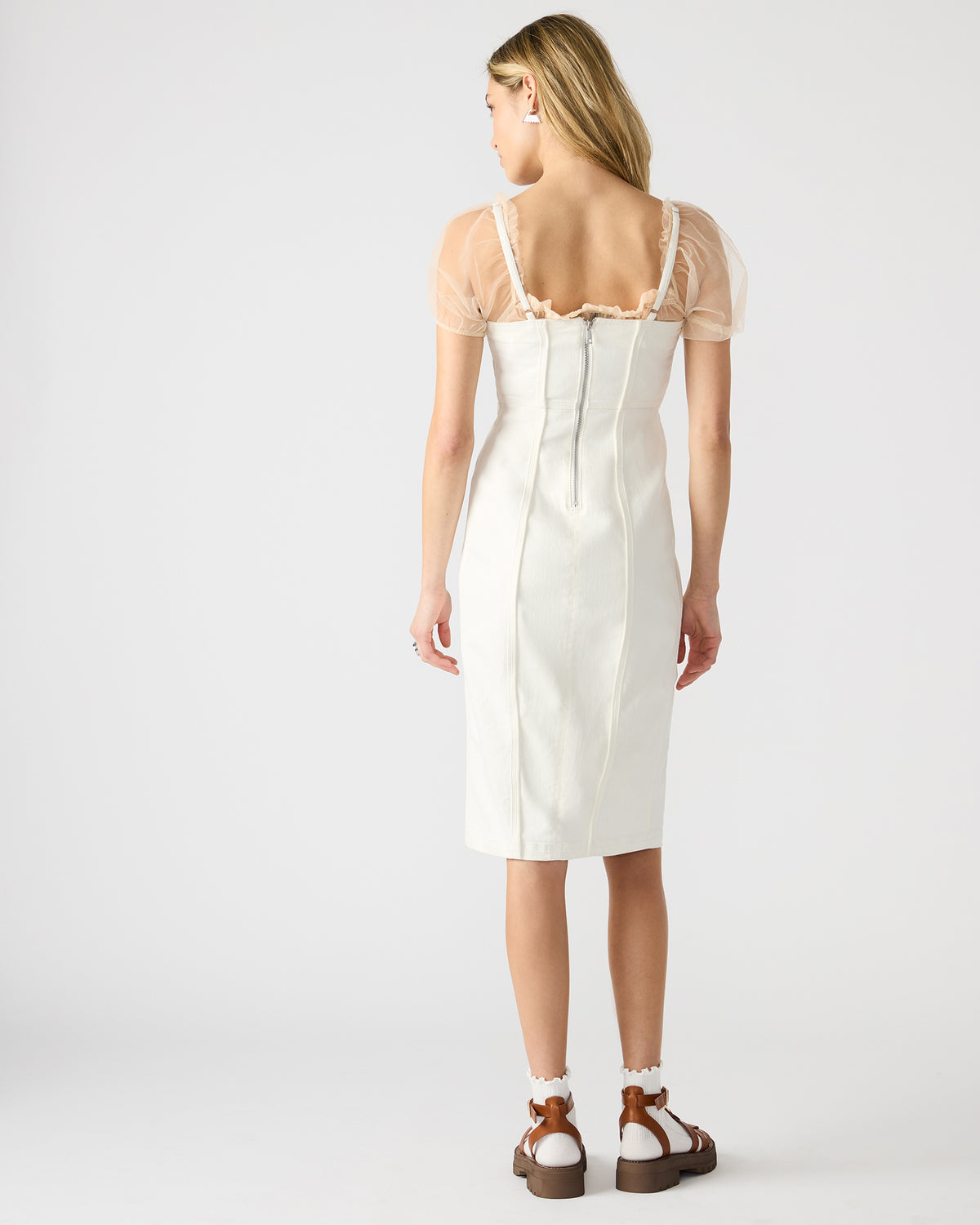 Steve Madden GISELLE White Denim Midi Women's Dress with Slit