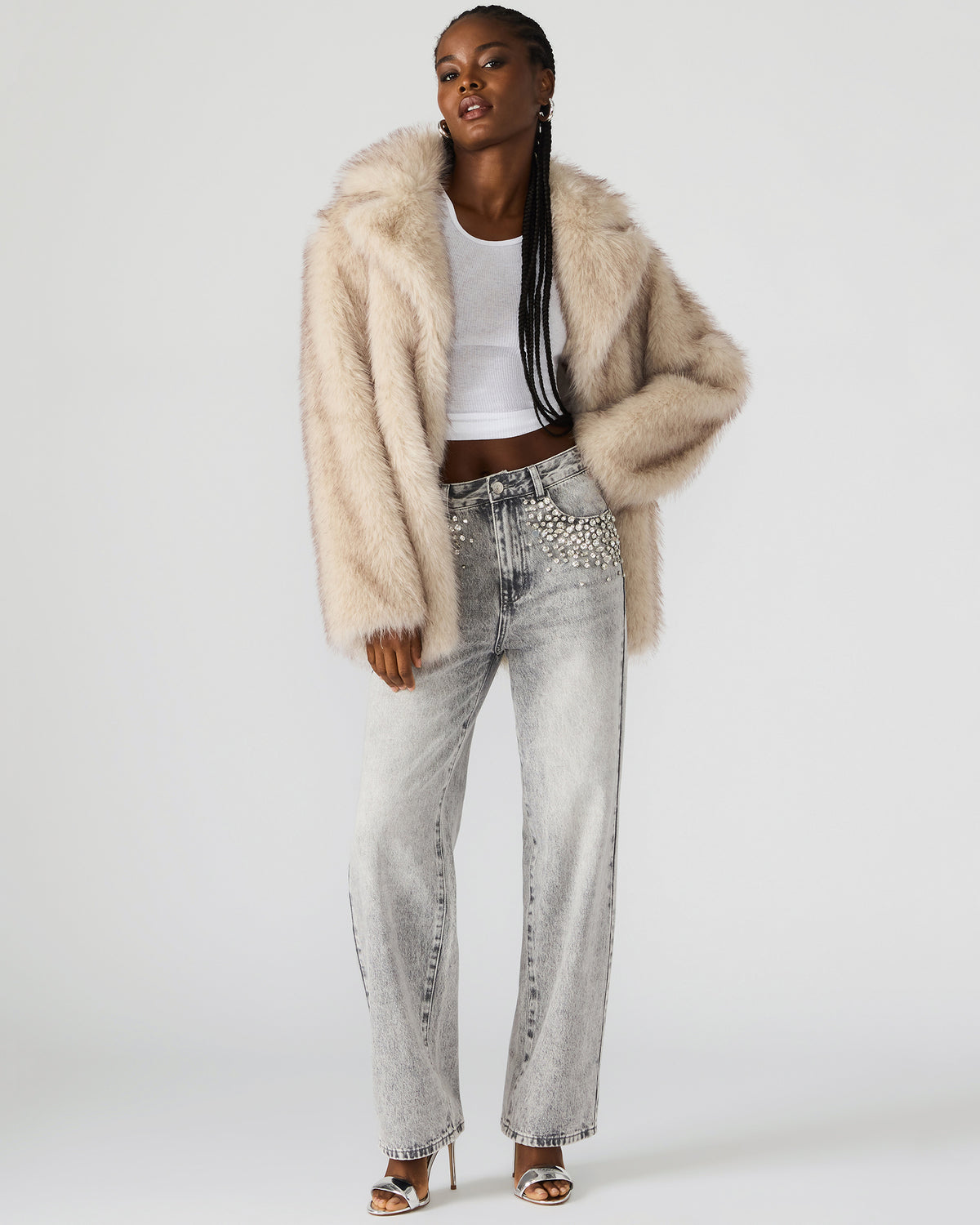 Steve Madden KINDRA Natural Faux Fur Collared Women's Coat