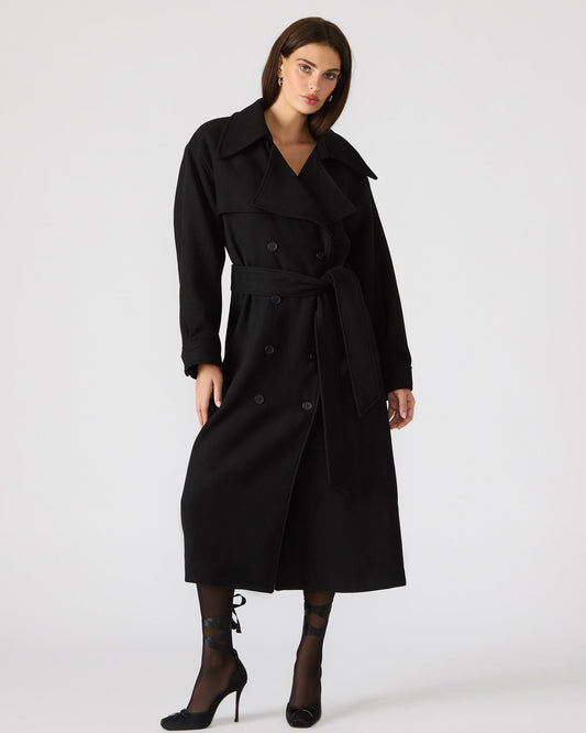 Steve Madden ENORA Black Long-Sleeved Button-Up Collared Women's Trench Coat