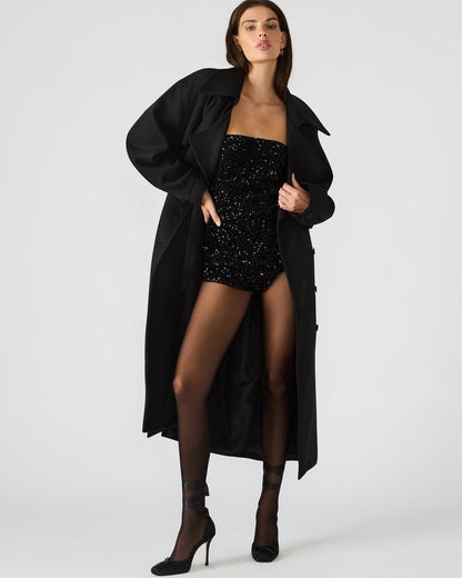 Steve Madden ENORA Black Long-Sleeved Button-Up Collared Women's Trench Coat