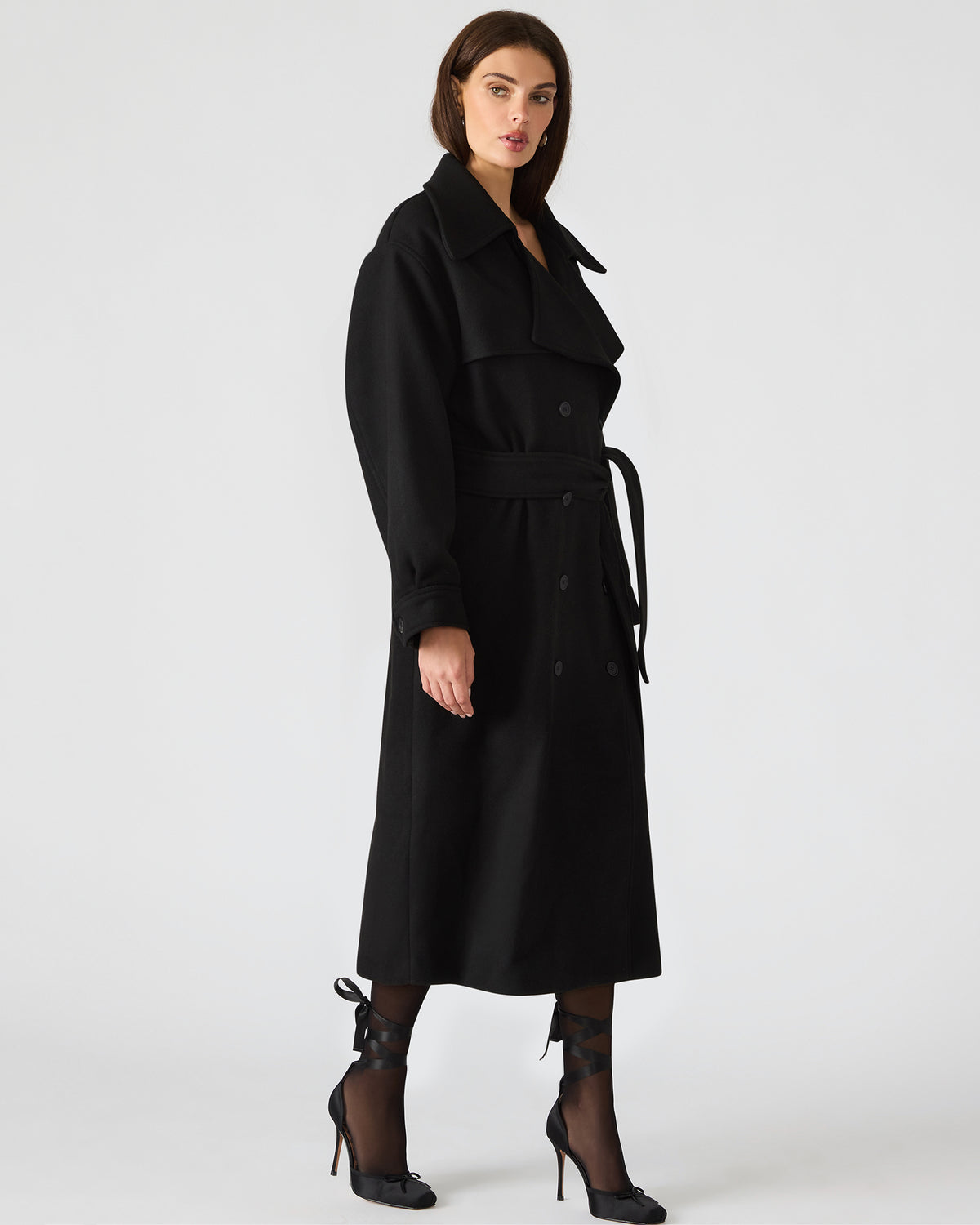 Steve Madden ENORA Black Long-Sleeved Button-Up Collared Women's Trench Coat