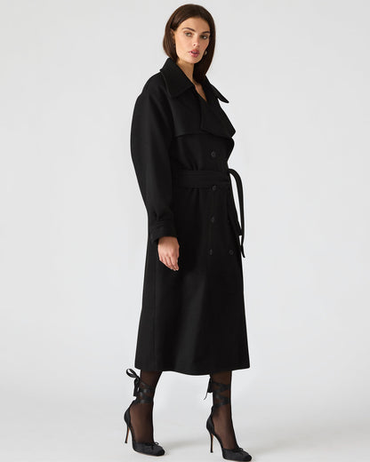 Steve Madden ENORA Black Long-Sleeved Button-Up Collared Women's Trench Coat