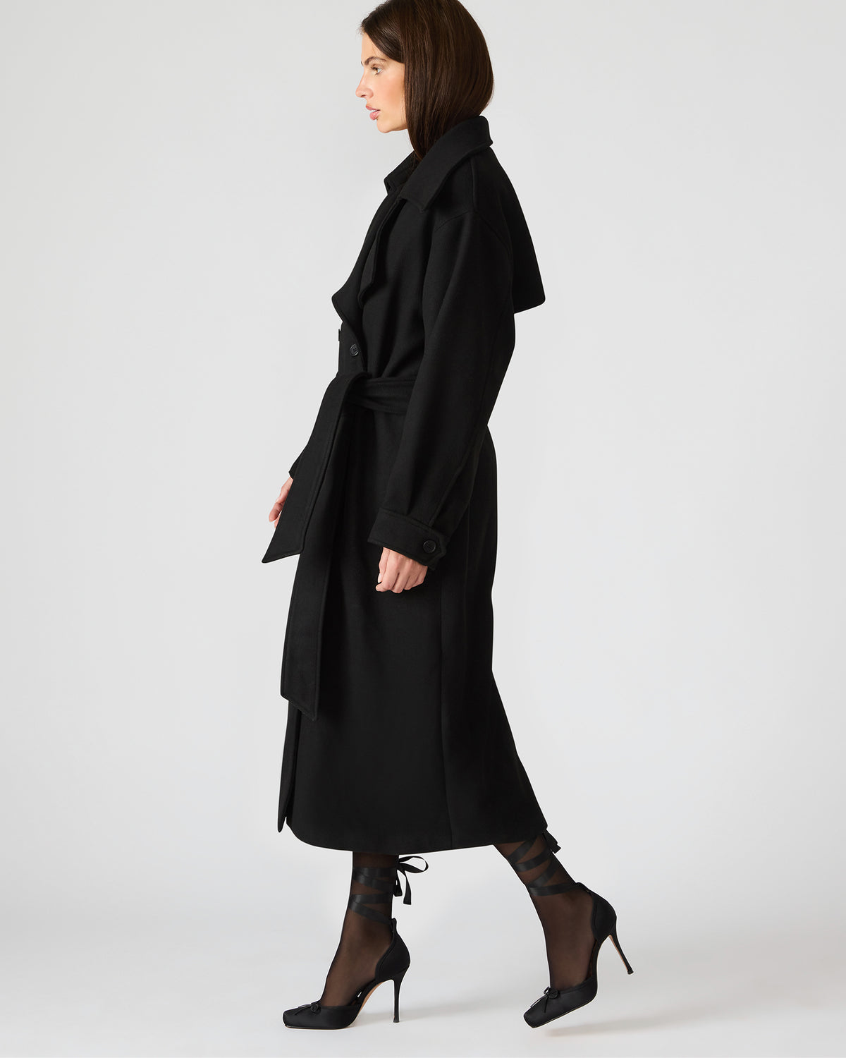 Steve Madden ENORA Black Long-Sleeved Button-Up Collared Women's Trench Coat