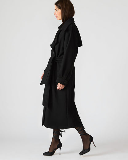Steve Madden ENORA Black Long-Sleeved Button-Up Collared Women's Trench Coat