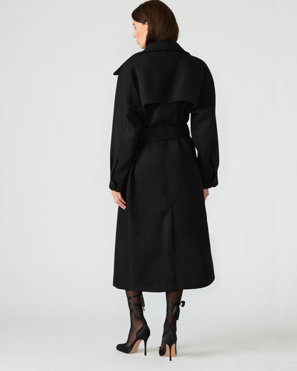 Steve Madden ENORA Black Long-Sleeved Button-Up Collared Women's Trench Coat
