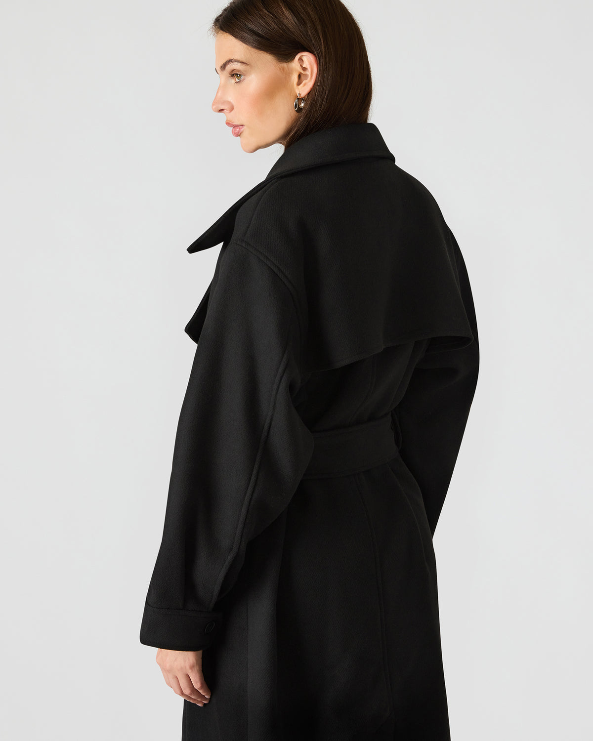 Steve Madden ENORA Black Long-Sleeved Button-Up Collared Women's Trench Coat