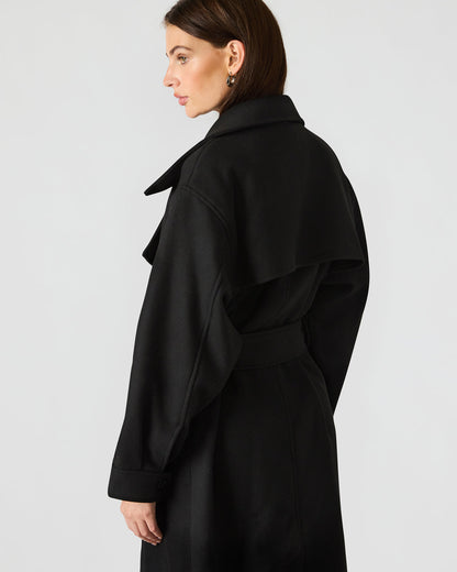 Steve Madden ENORA Black Long-Sleeved Button-Up Collared Women's Trench Coat