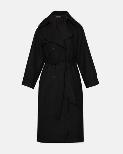 Steve Madden ENORA Black Long-Sleeved Button-Up Collared Women's Trench Coat