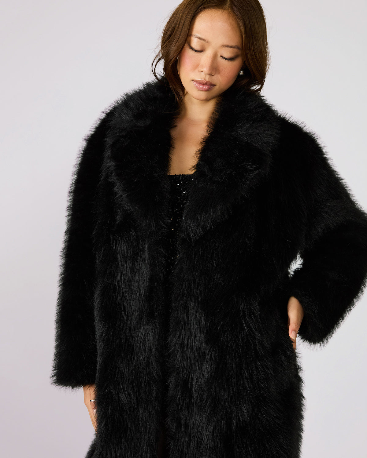 Steve Madden LARKIN Black Long-Sleeved Faux Fur Women's Coat