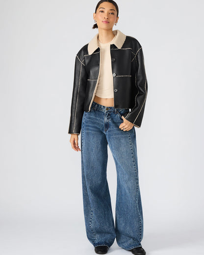 Steve Madden TILIA Black Long-Sleeved Faux Leather Button-Up Faux Fur Women's Coat