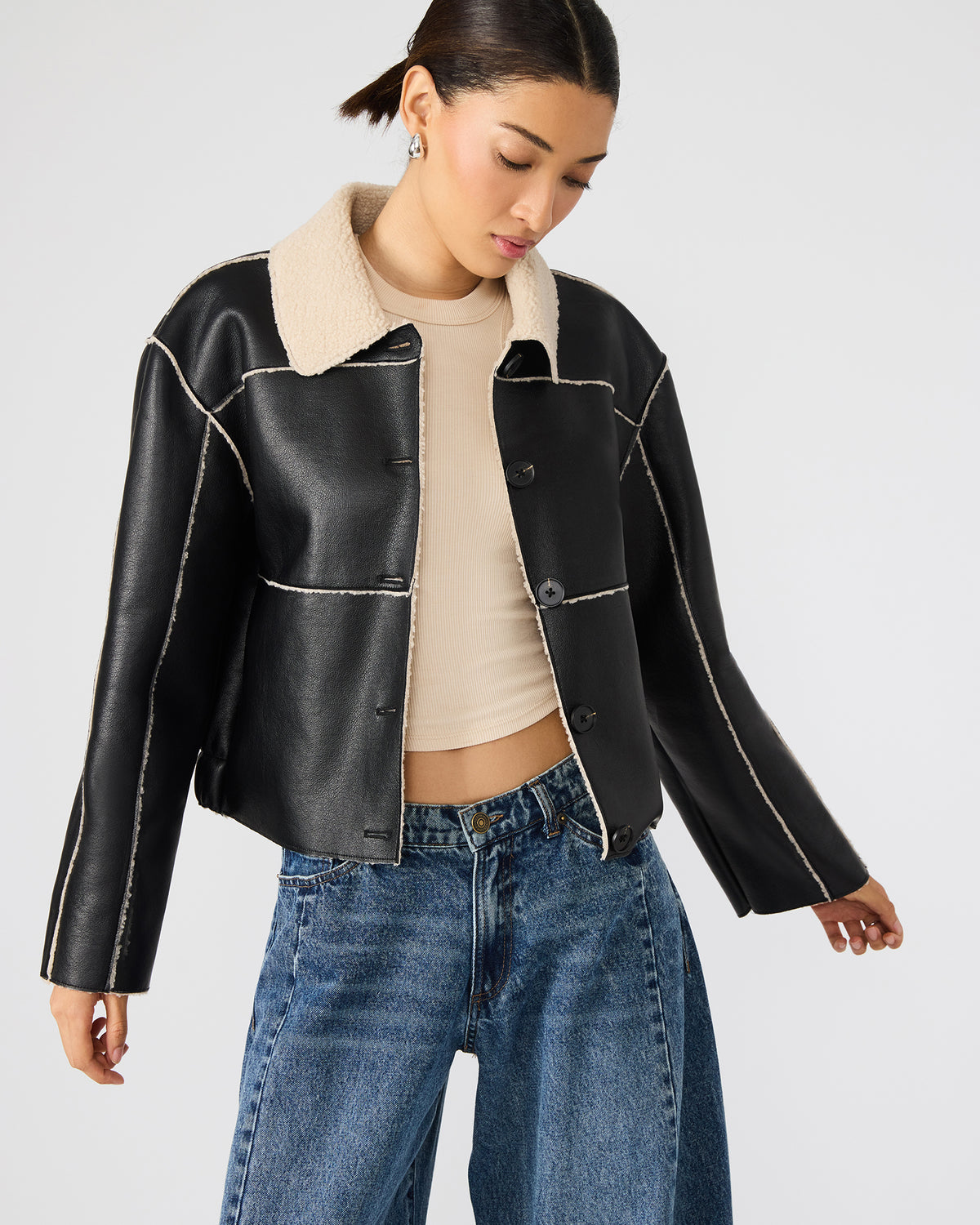 Steve Madden TILIA Black Long-Sleeved Faux Leather Button-Up Faux Fur Women's Coat