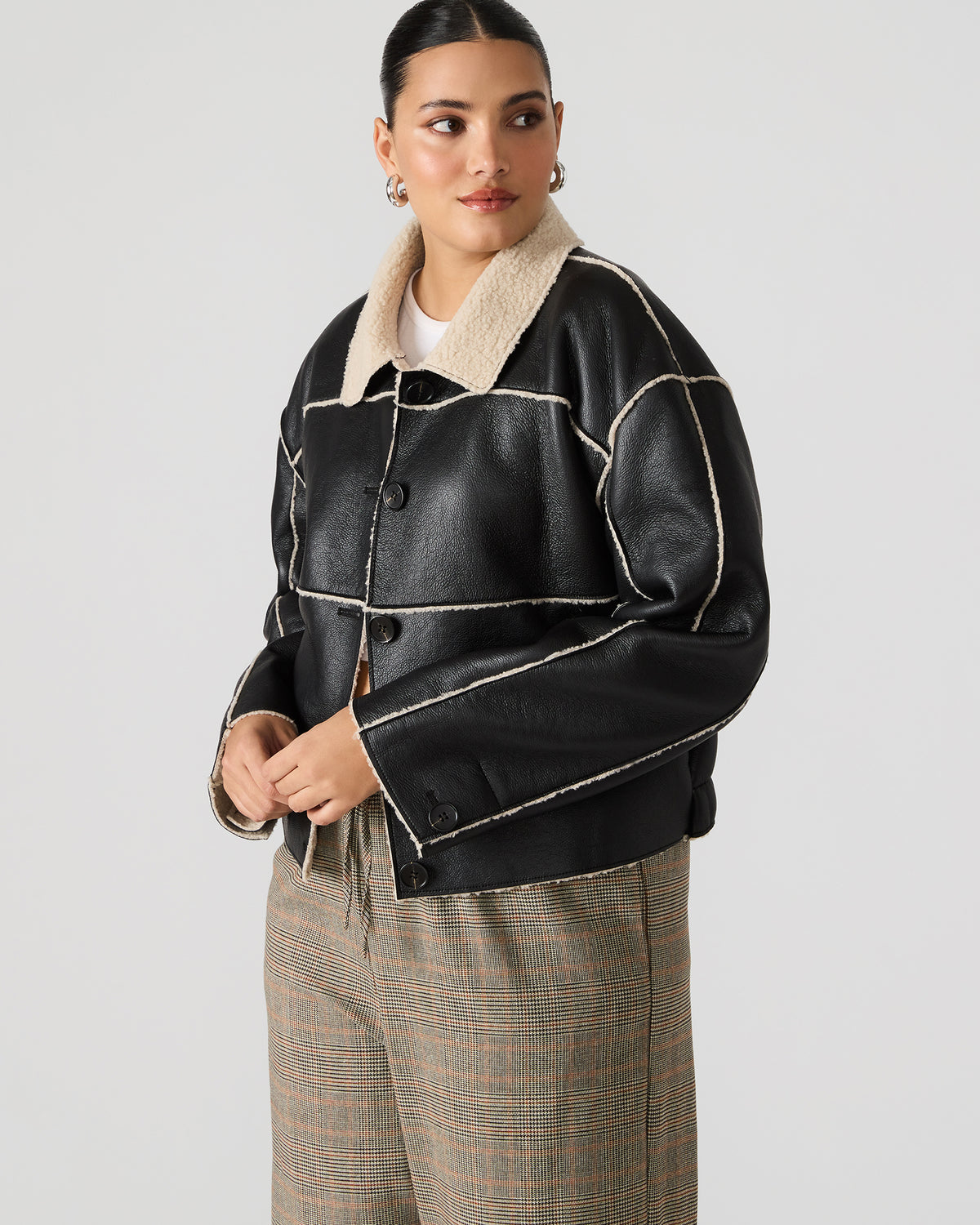 Steve Madden TILIA Black Long-Sleeved Faux Leather Button-Up Faux Fur Women's Coat