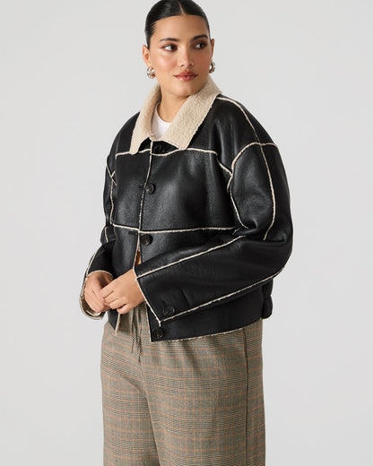 Steve Madden TILIA Black Long-Sleeved Faux Leather Button-Up Faux Fur Women's Coat