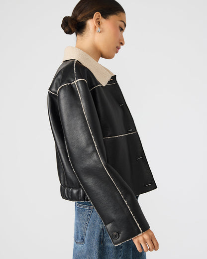 Steve Madden TILIA Black Long-Sleeved Faux Leather Button-Up Faux Fur Women's Coat