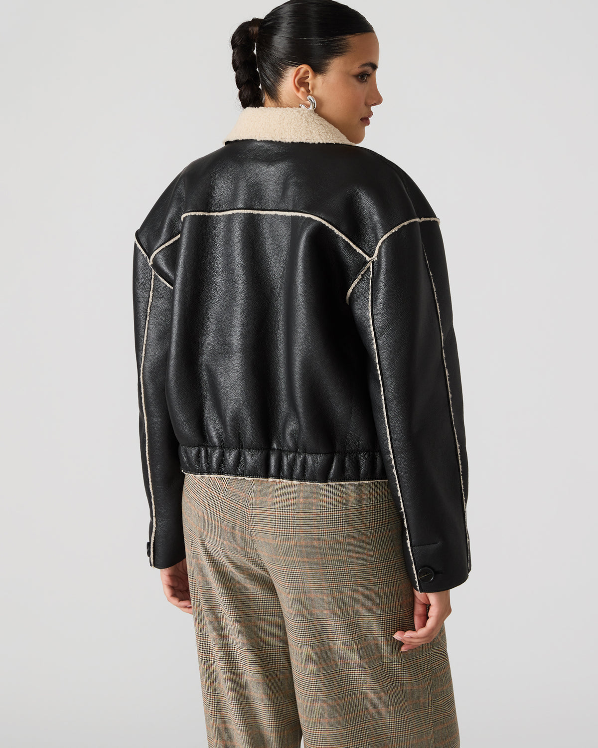 Steve Madden TILIA Black Long-Sleeved Faux Leather Button-Up Faux Fur Women's Coat