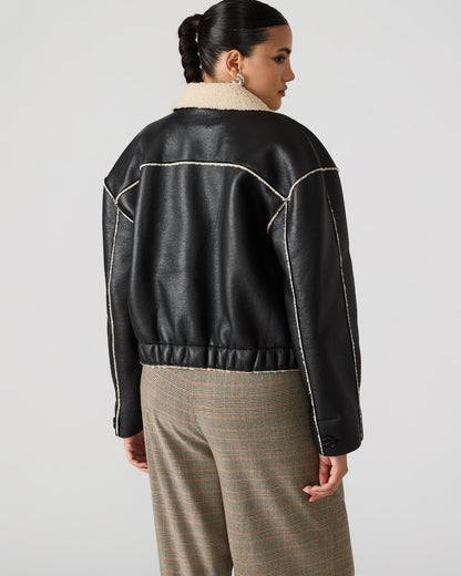 Steve Madden TILIA Black Long-Sleeved Faux Leather Button-Up Faux Fur Women's Coat