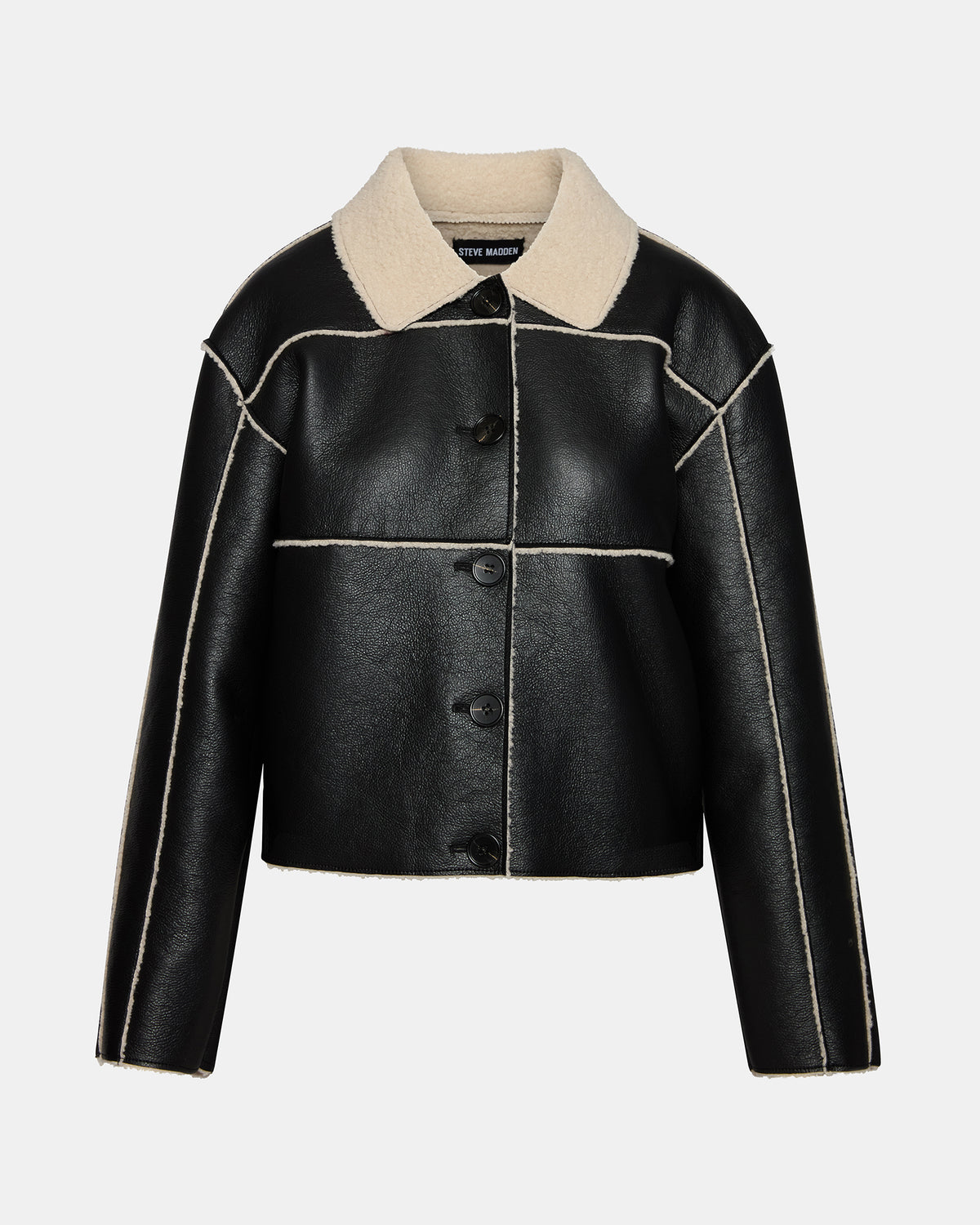 Steve Madden TILIA Black Long-Sleeved Faux Leather Button-Up Faux Fur Women's Coat
