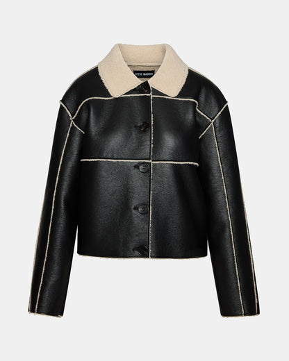 Steve Madden TILIA Black Long-Sleeved Faux Leather Button-Up Faux Fur Women's Coat