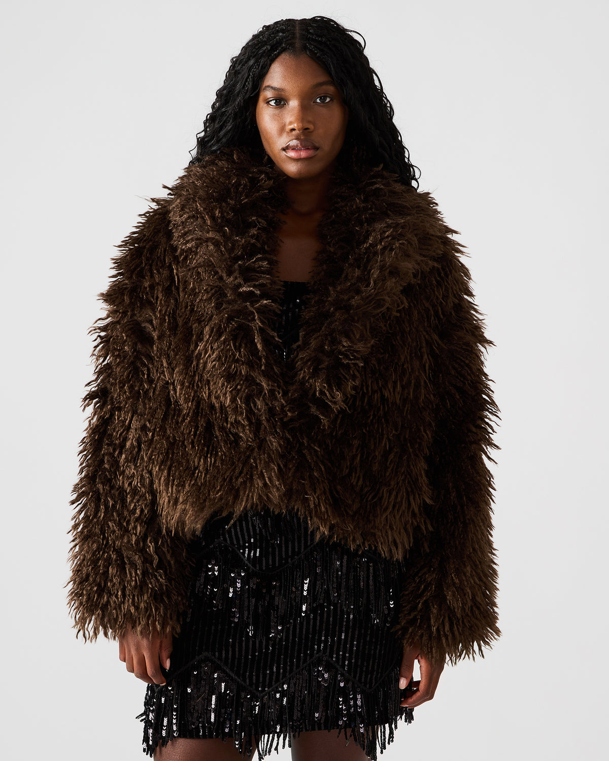 Steve Madden INAYA Dark Espresso Long-Sleeved Faux Fur Shaggy Women's Coat