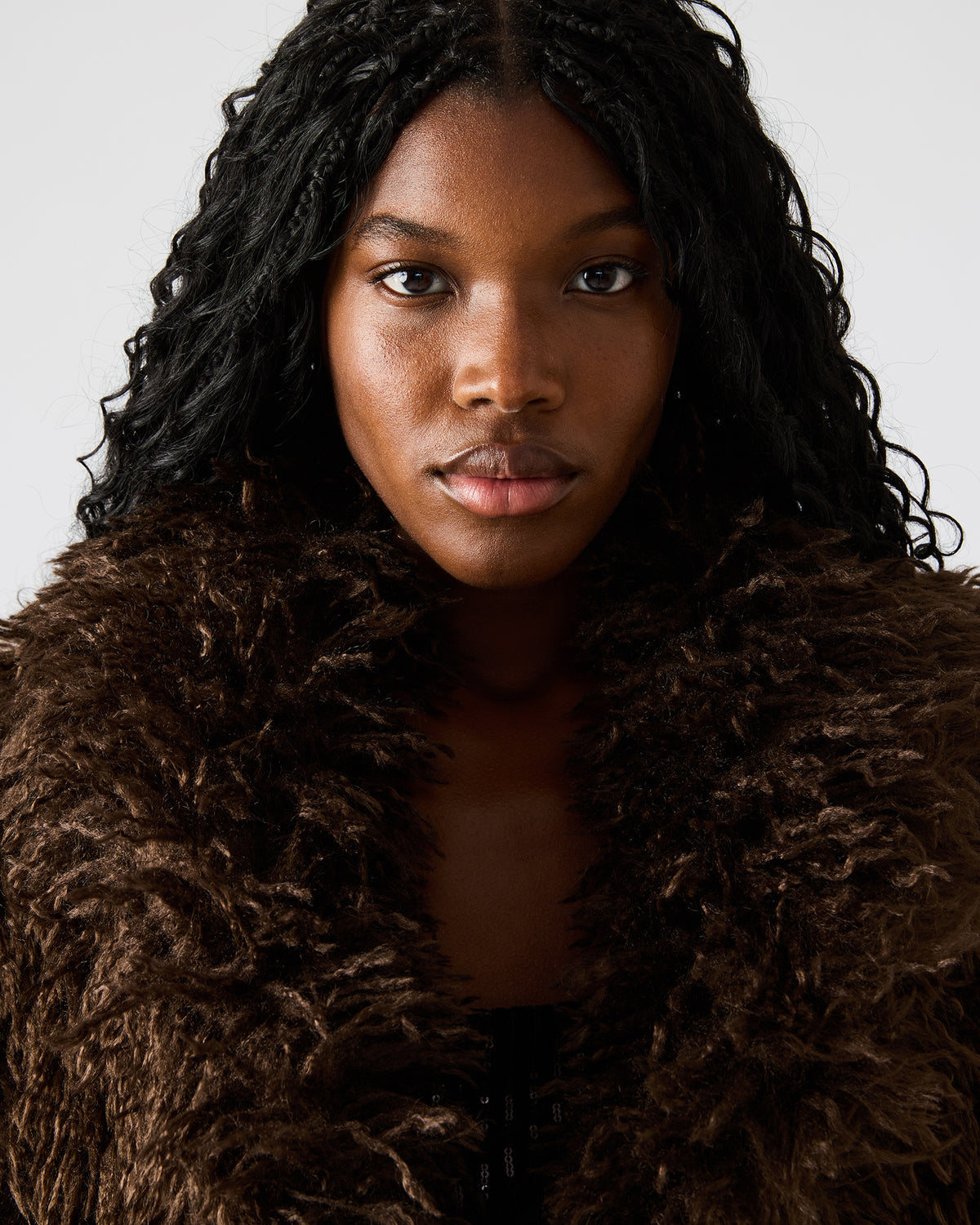 Steve Madden INAYA Dark Espresso Long-Sleeved Faux Fur Shaggy Women's Coat