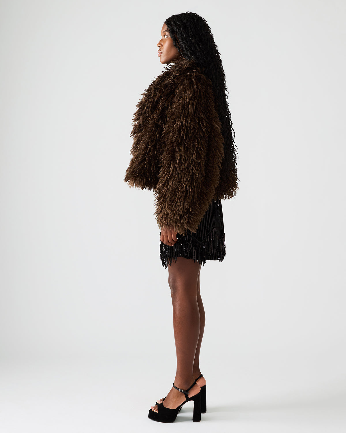 Steve Madden INAYA Dark Espresso Long-Sleeved Faux Fur Shaggy Women's Coat