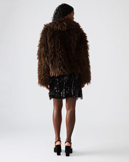 Steve Madden INAYA Dark Espresso Long-Sleeved Faux Fur Shaggy Women's Coat