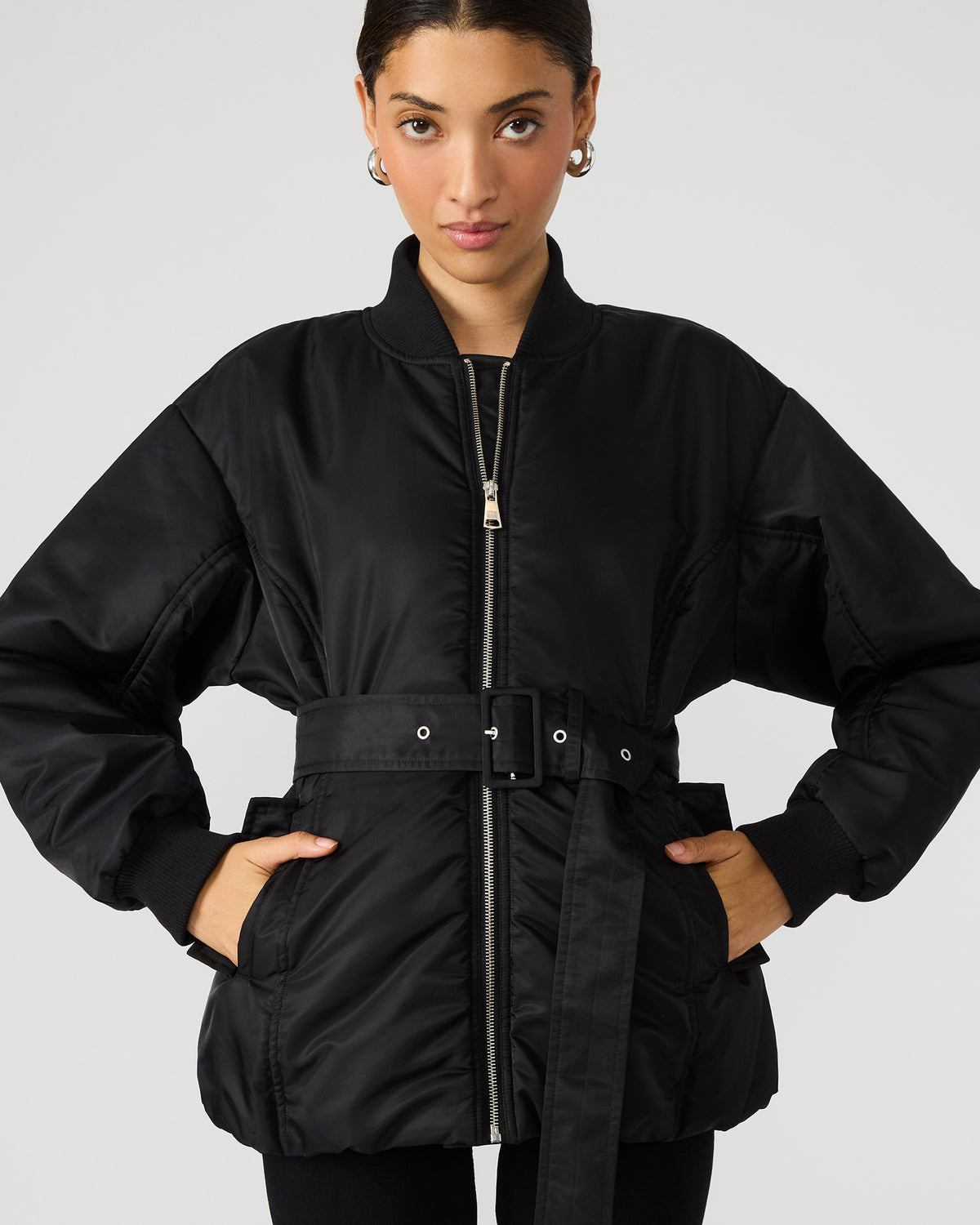Steve Madden ERYN Black Long-Sleeved Puffer Belted Zip-Up Women's Jacket