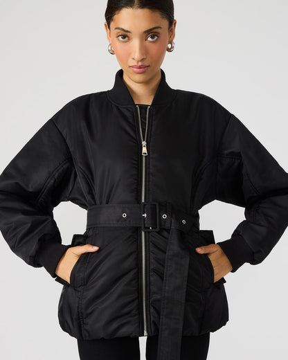 Steve Madden ERYN Black Long-Sleeved Puffer Belted Zip-Up Women's Jacket