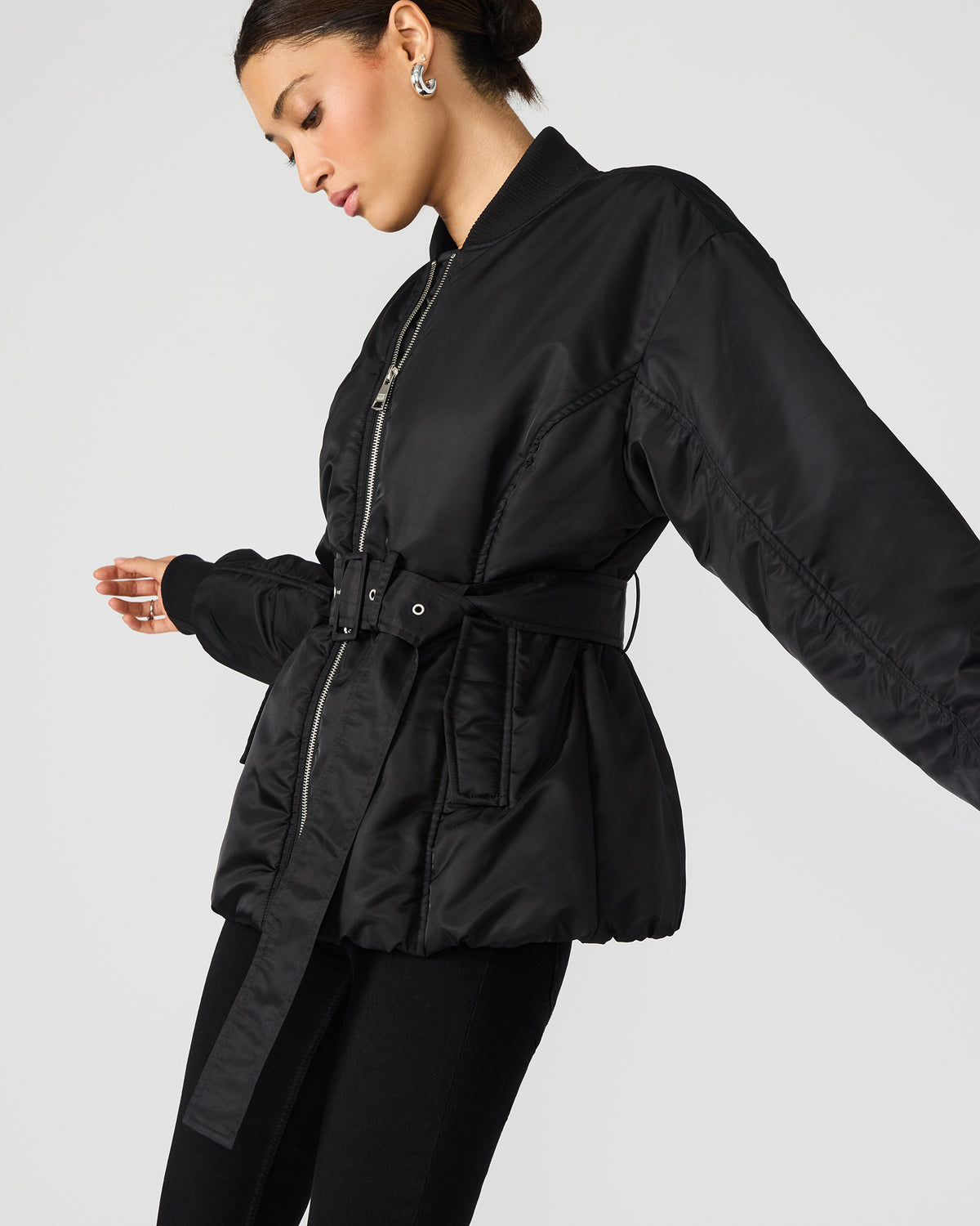 Steve Madden ERYN Black Long-Sleeved Puffer Belted Zip-Up Women's Jacket