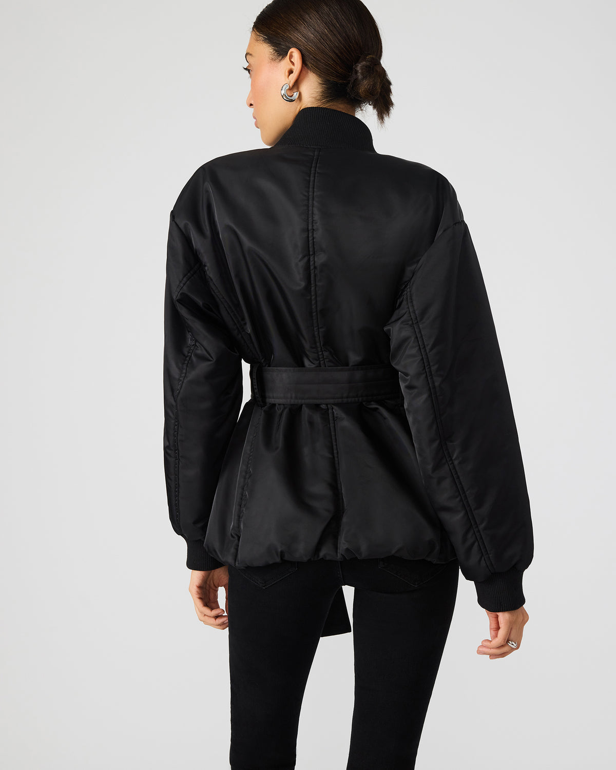 Steve Madden ERYN Black Long-Sleeved Puffer Belted Zip-Up Women's Jacket