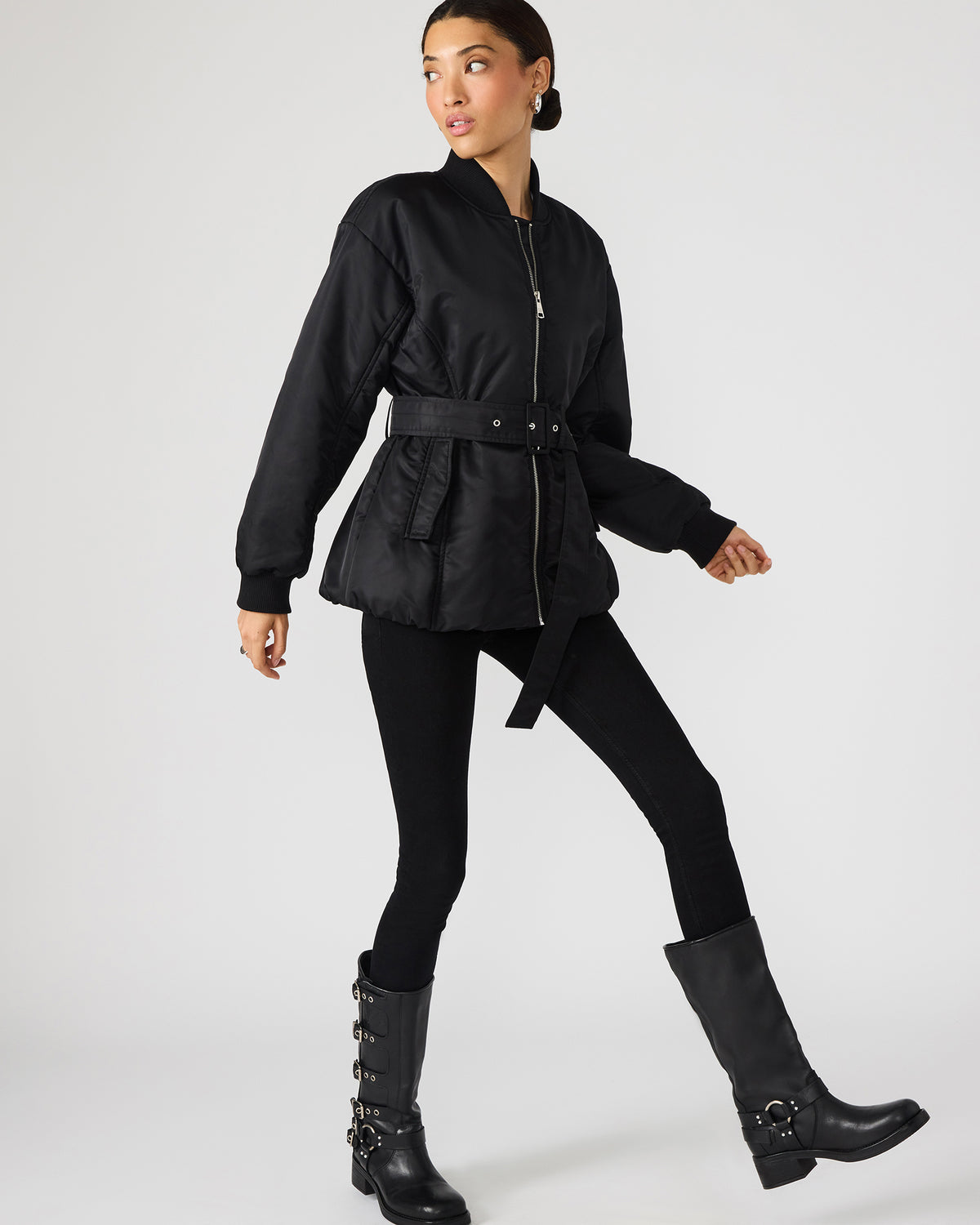 Steve Madden ERYN Black Long-Sleeved Puffer Belted Zip-Up Women's Jacket