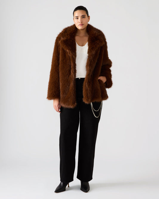 Steve Madden KINDRA Brown Faux Fur Collared Women's Coat