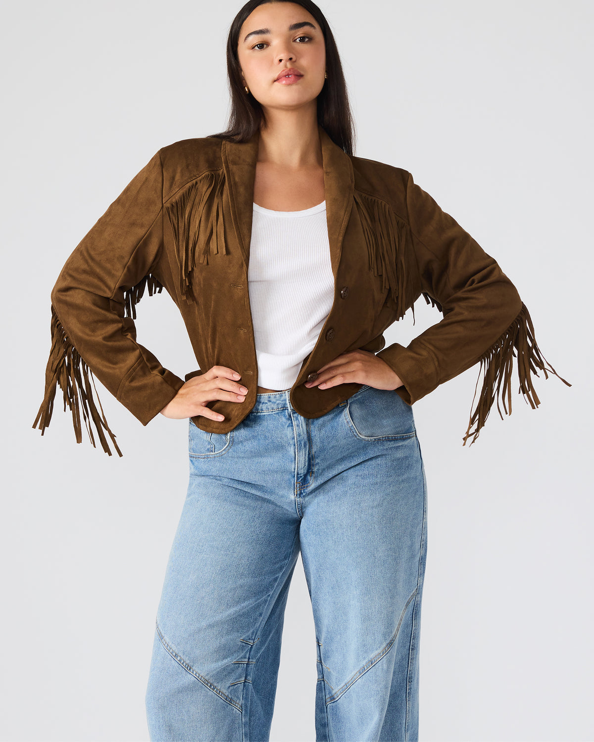 Steve Madden DALLAS Chestnut Long-Sleeved Button-Up Fringe Women's Jacket