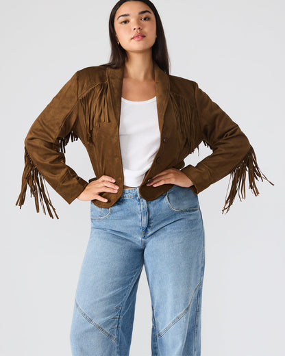 Steve Madden DALLAS Chestnut Long-Sleeved Button-Up Fringe Women's Jacket