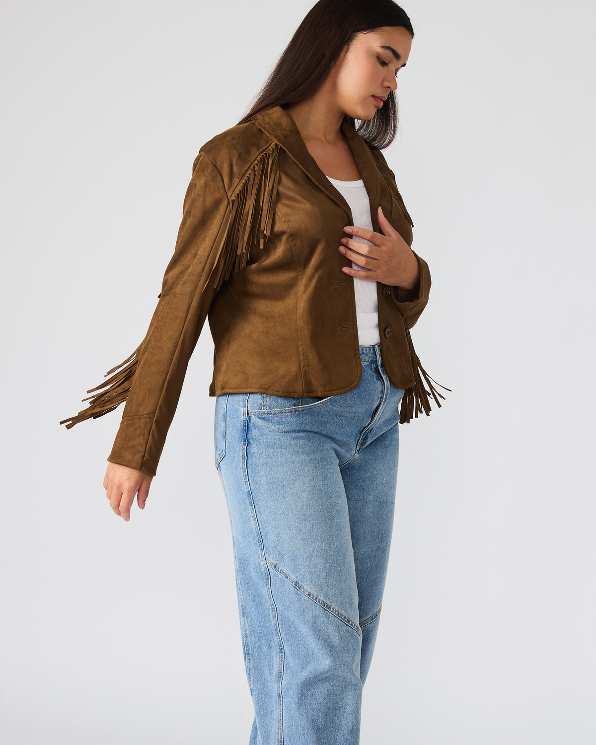 Steve Madden DALLAS Chestnut Long-Sleeved Button-Up Fringe Women's Jacket