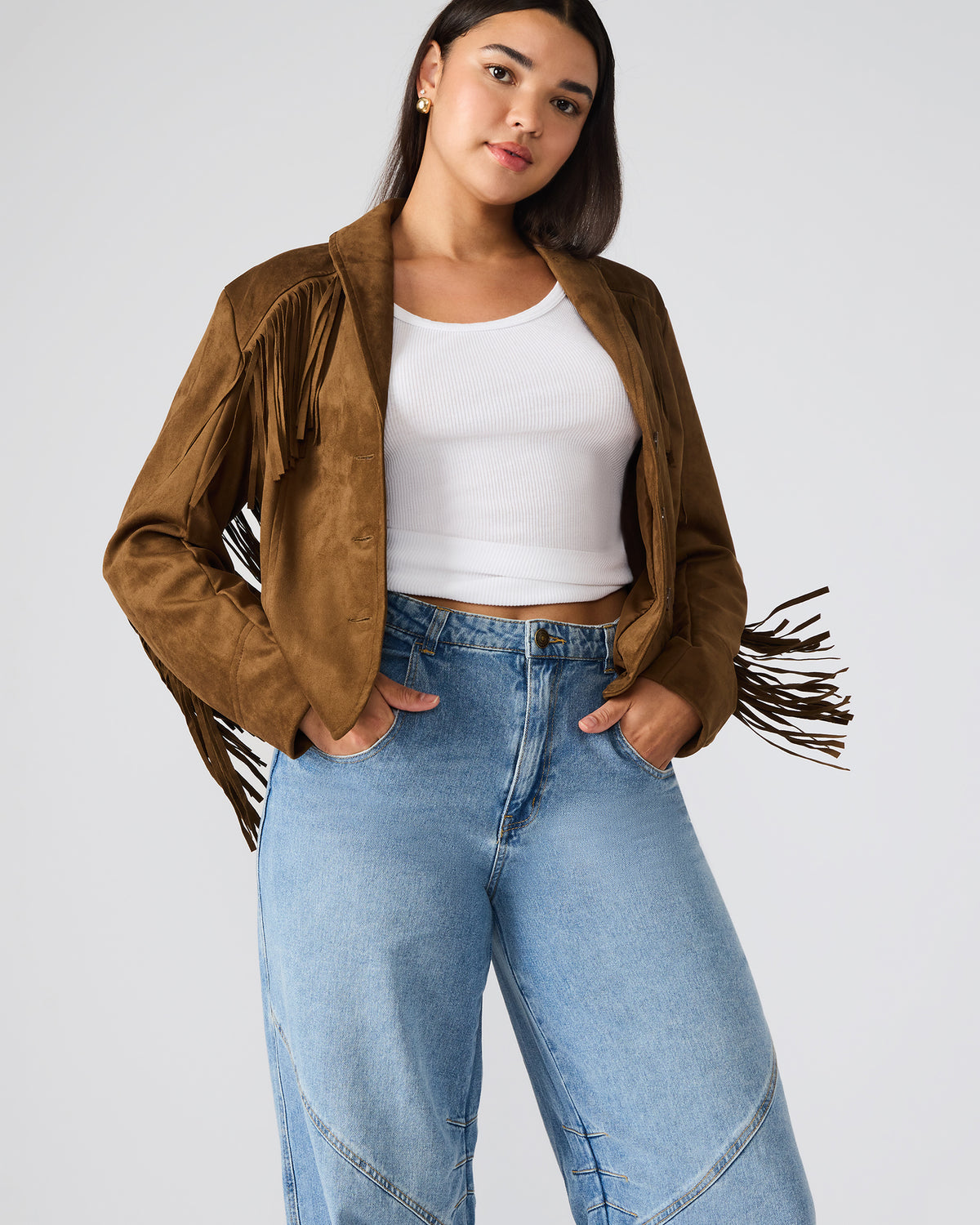Steve Madden DALLAS Chestnut Long-Sleeved Button-Up Fringe Women's Jacket