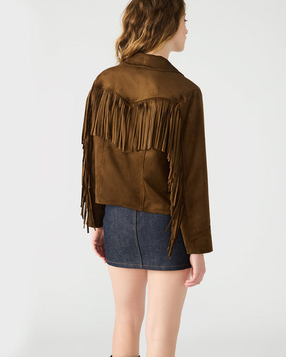 Steve Madden DALLAS Chestnut Long-Sleeved Button-Up Fringe Women's Jacket