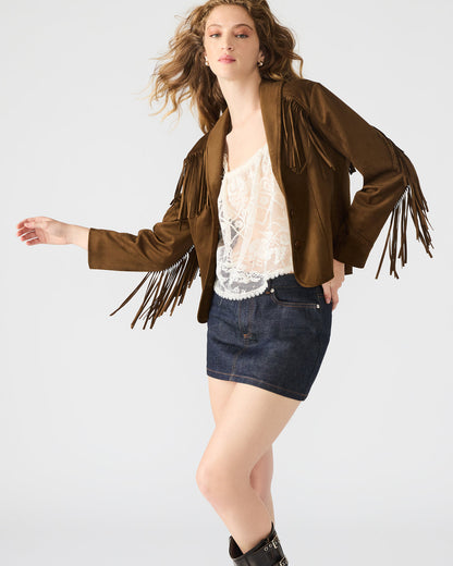 Steve Madden DALLAS Chestnut Long-Sleeved Button-Up Fringe Women's Jacket