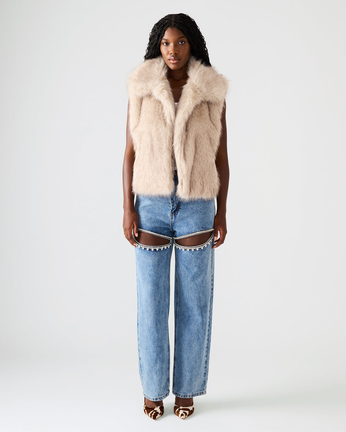 Steve Madden SAFIRA Natural Faux Fur Sleeveless Collared Women's Vest