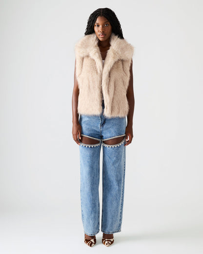 Steve Madden SAFIRA Natural Faux Fur Sleeveless Collared Women's Vest