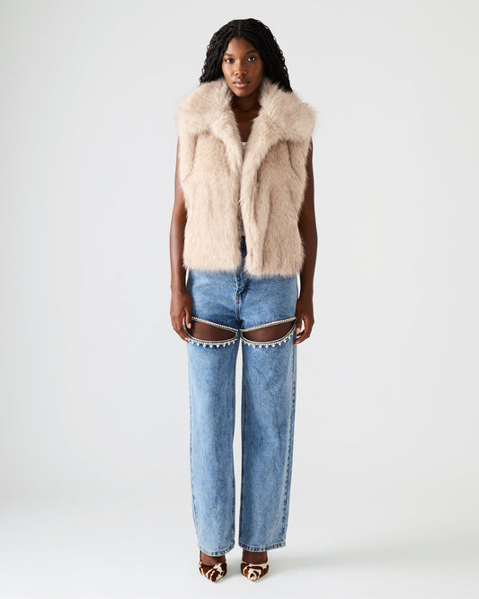Steve Madden SAFIRA Natural Faux Fur Sleeveless Collared Women's Vest