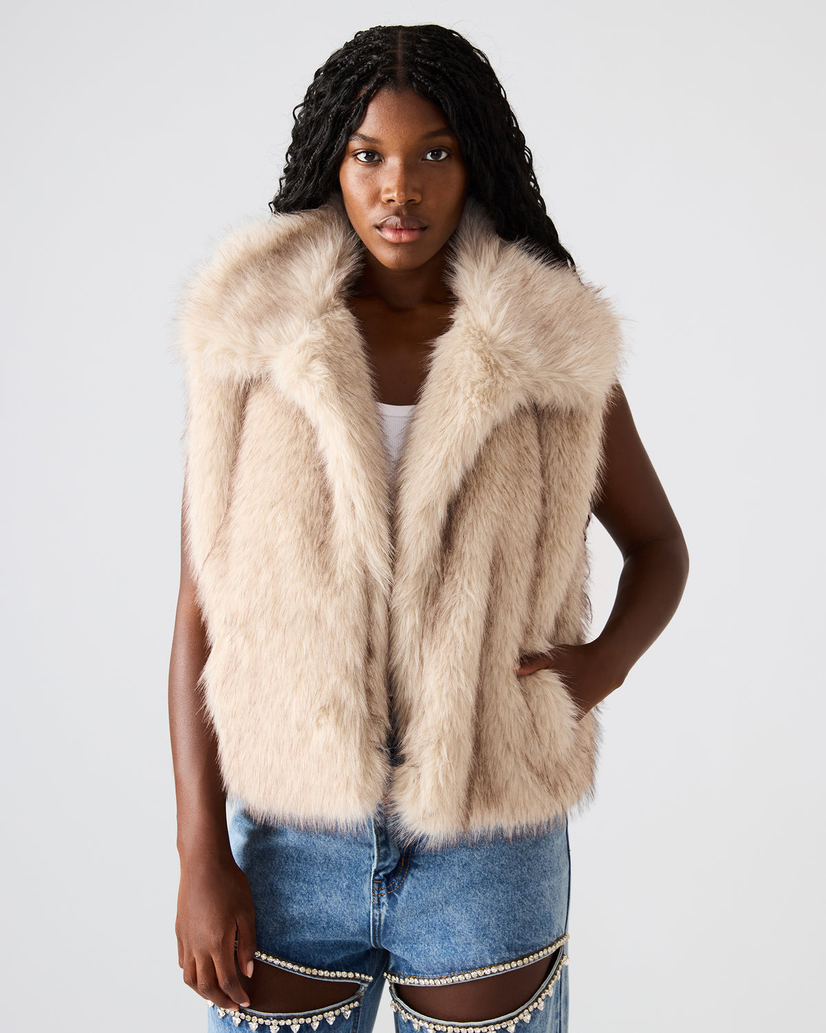 Steve Madden SAFIRA Natural Faux Fur Sleeveless Collared Women's Vest