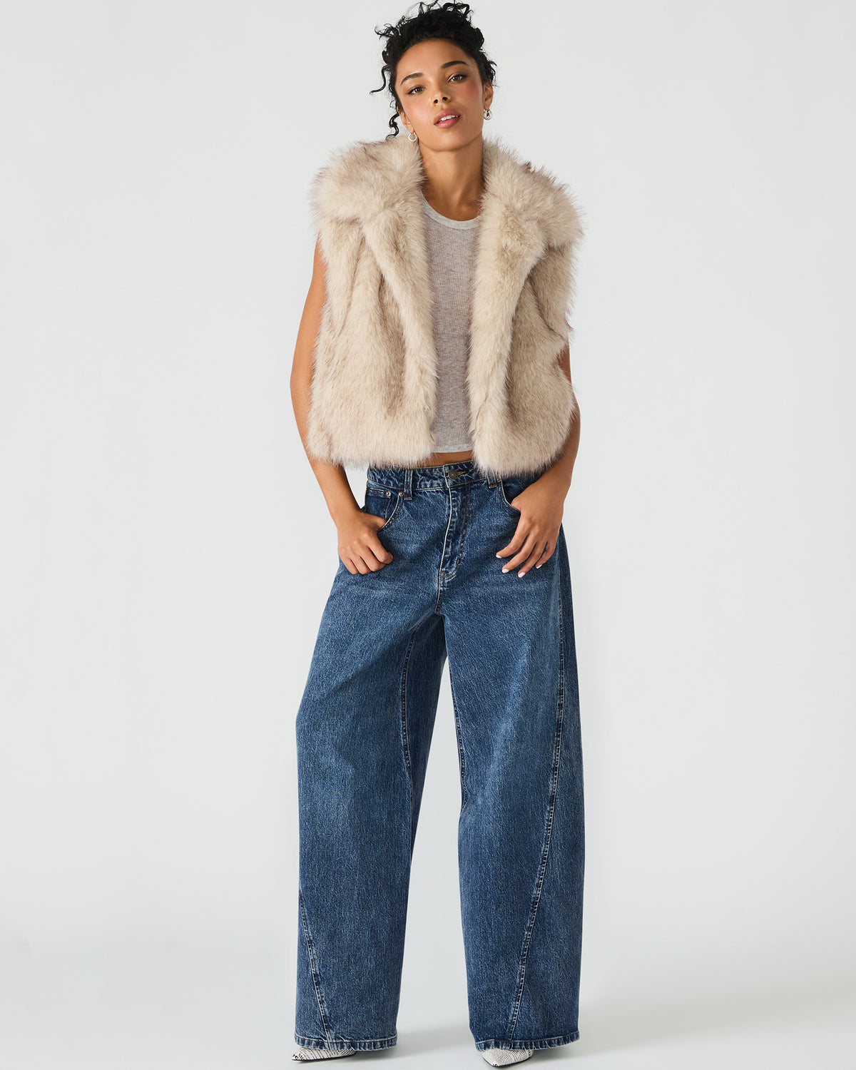 Steve Madden SAFIRA Natural Faux Fur Sleeveless Collared Women's Vest